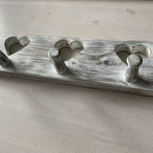 Wooden coat hook with heart design and 3 Pegs finished in white dIstressed finish