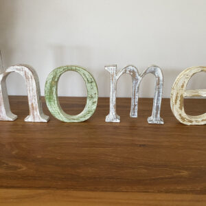 Wooden freestanding shabby chic HOME sign with distressed multicoloured letters, handmade in UK