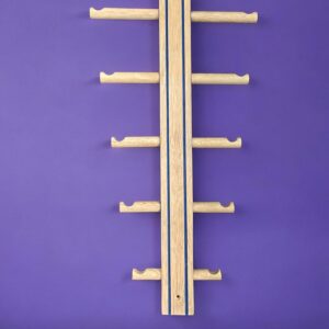 Solid oak coat hanger with 10 pegs and two tone colouring.  Handmade in UK.